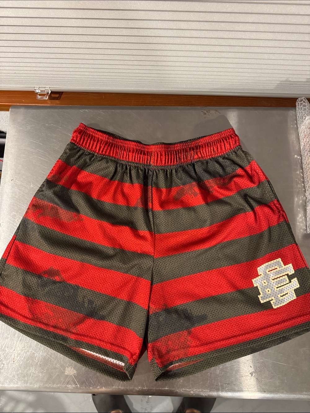 Eric Emanuel Freddy Krueger Shorts Men's Red and Black Striped Athletic Shorts